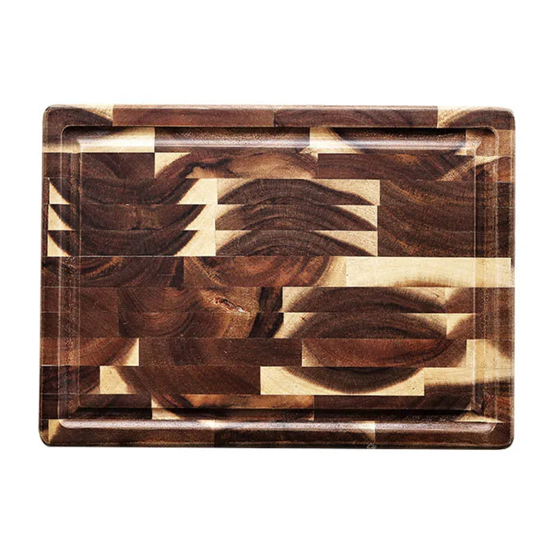 Brown acacia wood kitchen cutting board showing wood grain and 3cm thickness.