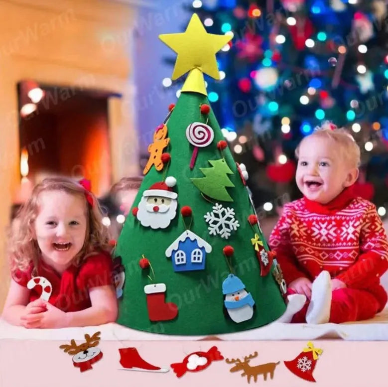 Felt Christmas tree three-dimensional craft set 50x60cm with felt ball ornaments on a white background