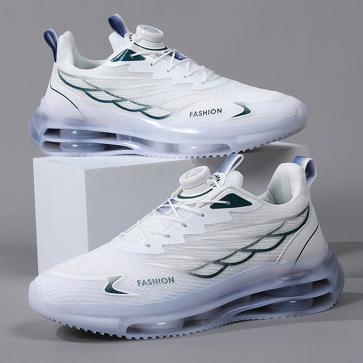 White Korean style men's casual trainers with rotating button lace-up closure and mesh upper
