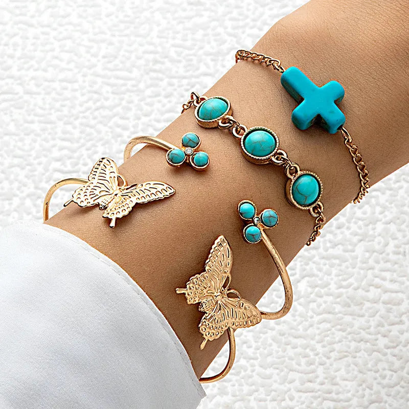 Turquoise alloy butterfly bracelet set with exaggerated design and electroplated finish