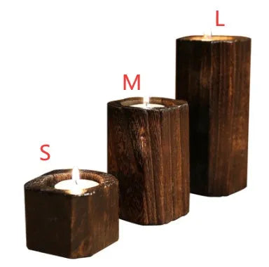 Solid paulownia wood candle holder with charcoal-fired finish, square 6cm top and 4.5cm candle opening