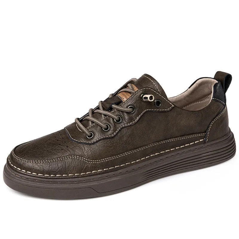Versatile sports casual low-top cowhide flat shoes in black with front lace-up and round toe