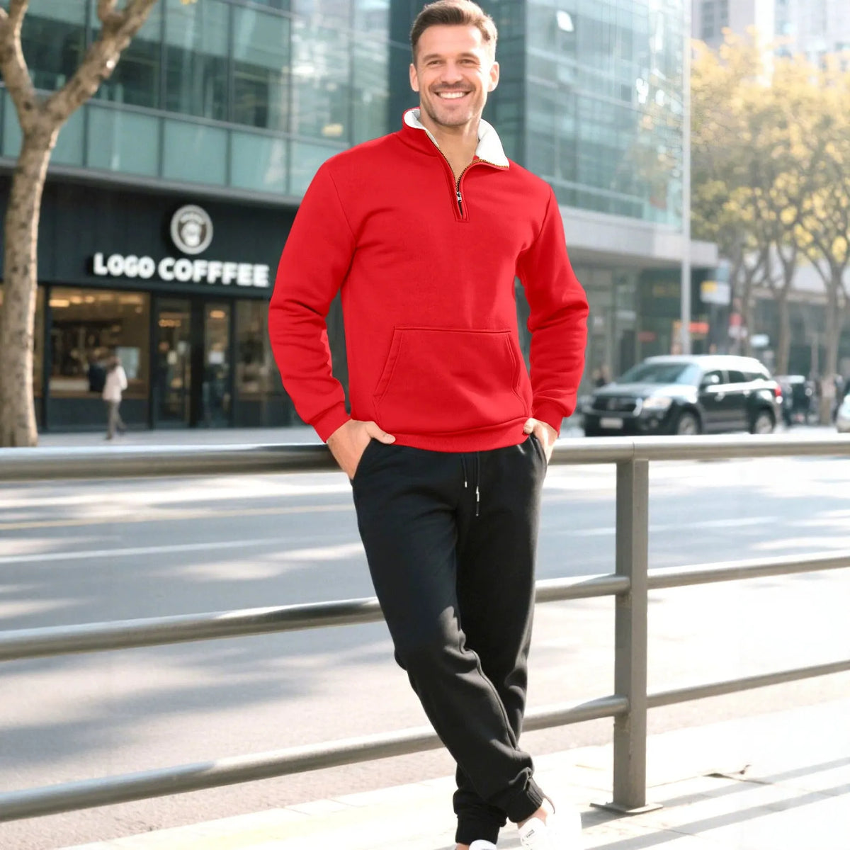 Men's colour-block zip knit sweater, short sleeve polyester fleece pullover, casual spring top