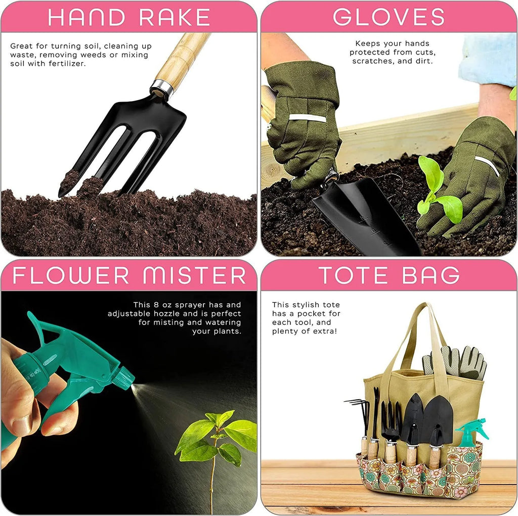 Eight-piece stainless steel gardening tool set with spade, fork, trowel, hand rake, and weeder