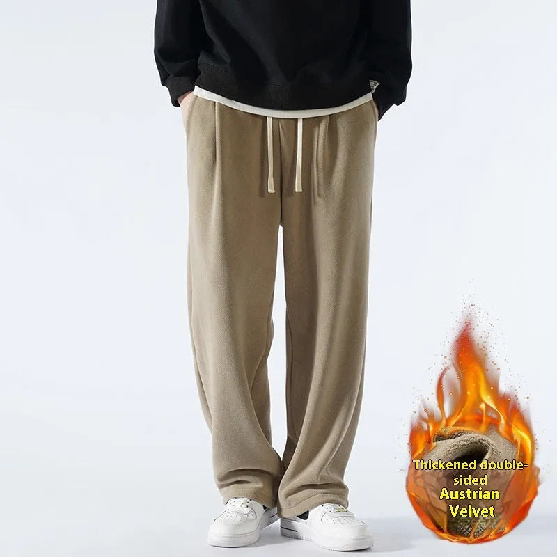 Men's double-sided polar fleece winter trousers with wool lining in Korean loose fit style