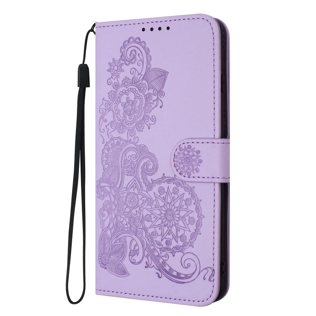 Embossed Datura flower flip leather Samsung phone case with card holder in royal blue