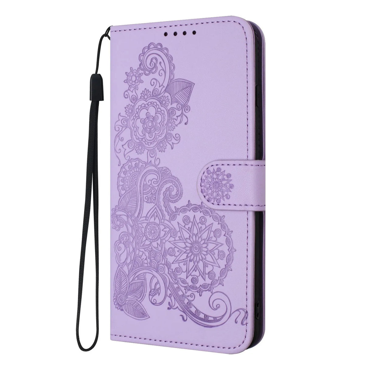 Embossed Datura flower flip leather Samsung phone case with card holder in royal blue
