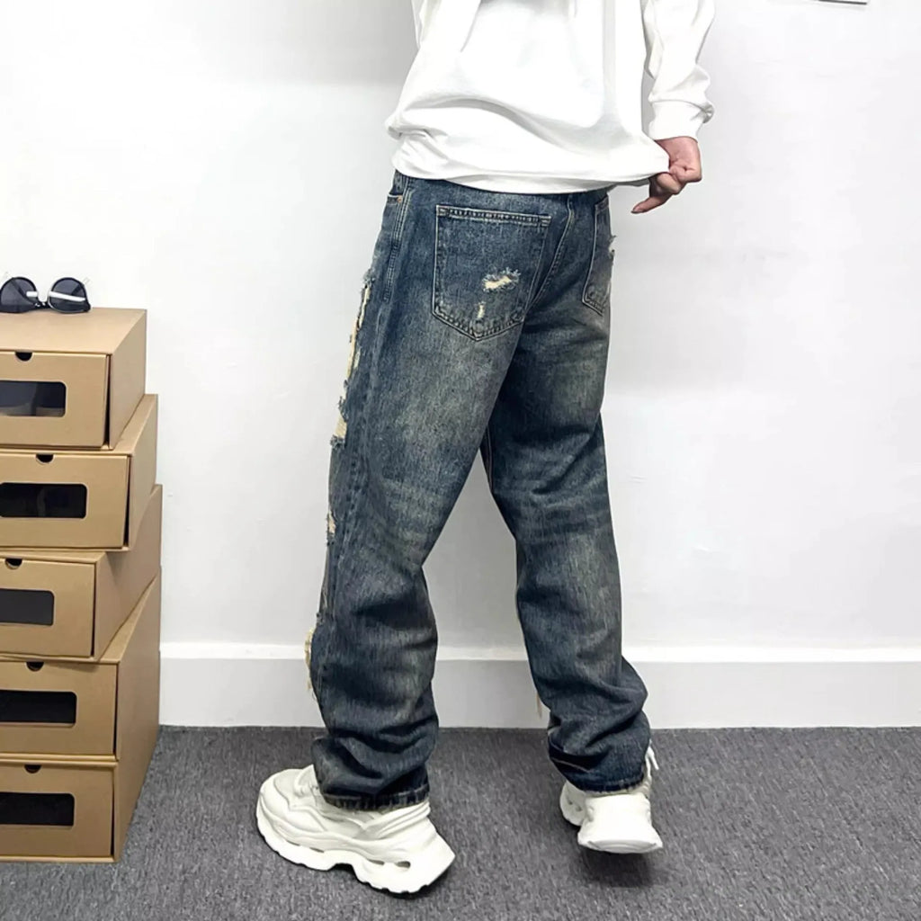 Light blue ripped patch denim jeans for teenagers mid waist zip fly cotton