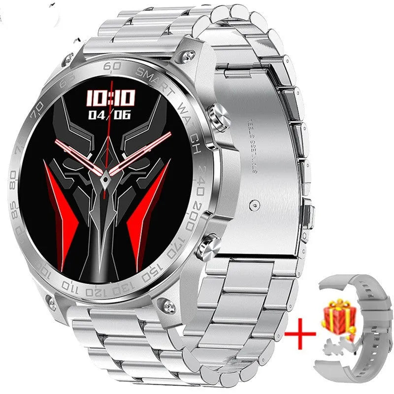 Black Bluetooth smartwatch with round AMOLED screen displaying time, on a silicone strap.