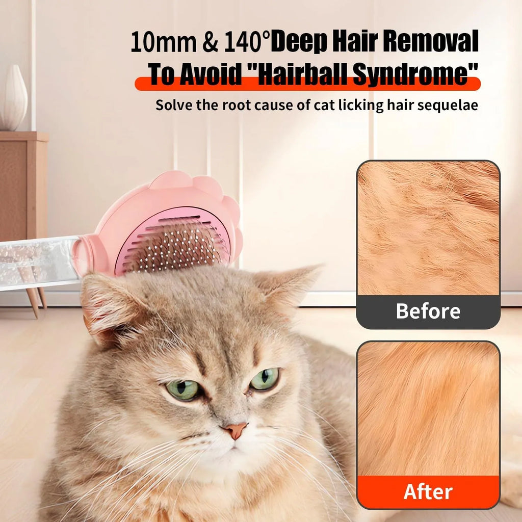 Grey spray cat brush with release button for pet grooming and shedding control