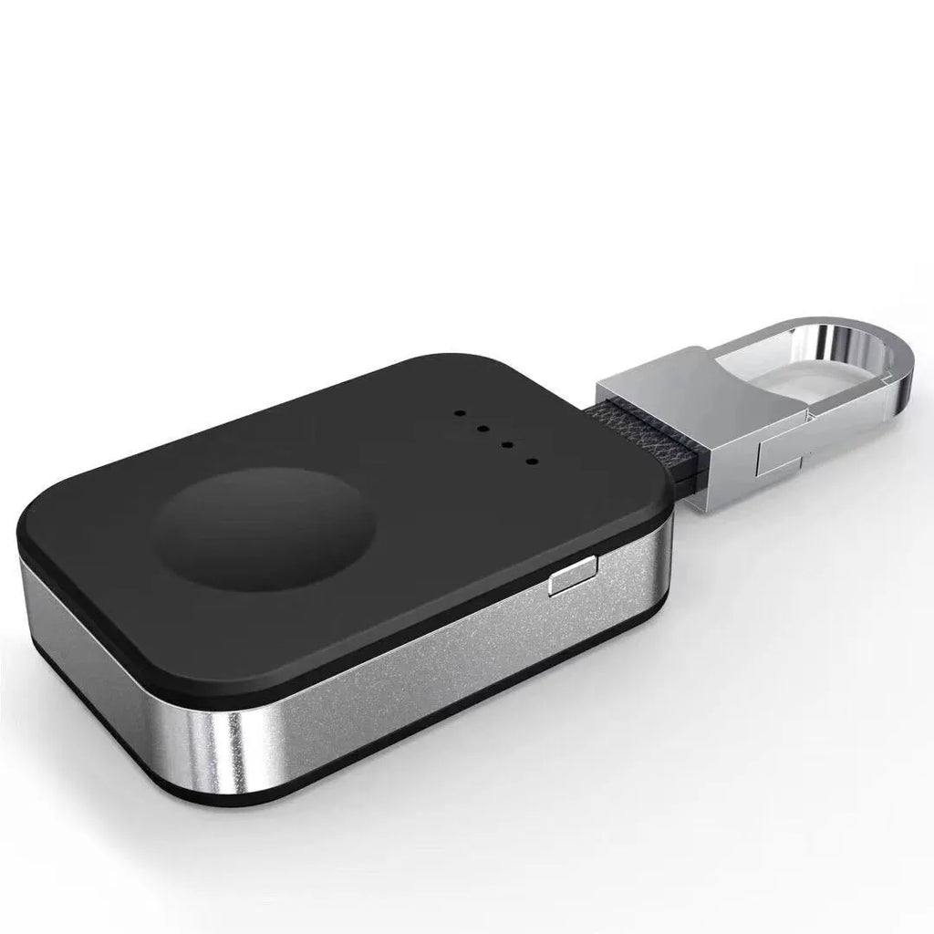 Black portable Apple Watch wireless charging power bank on a keyring