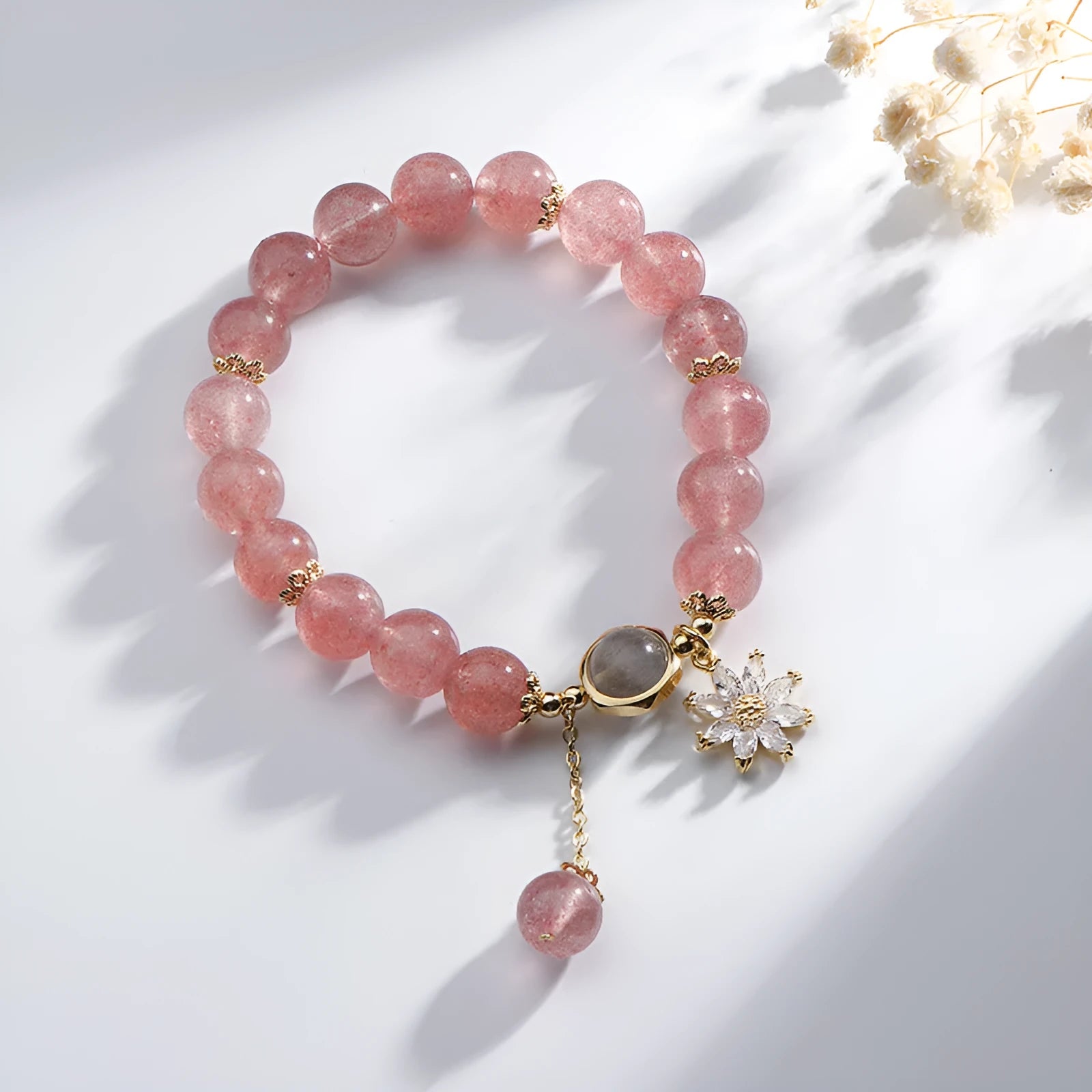 Strawberry quartz crystal bracelet with floral design elements in Mori natural style with electroplated finishing