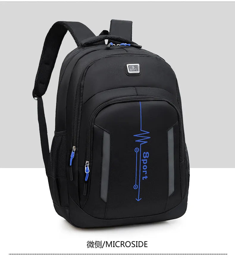 Oxford cloth business backpack with airpillow straps showing 20-35L capacity and sewing line detailing