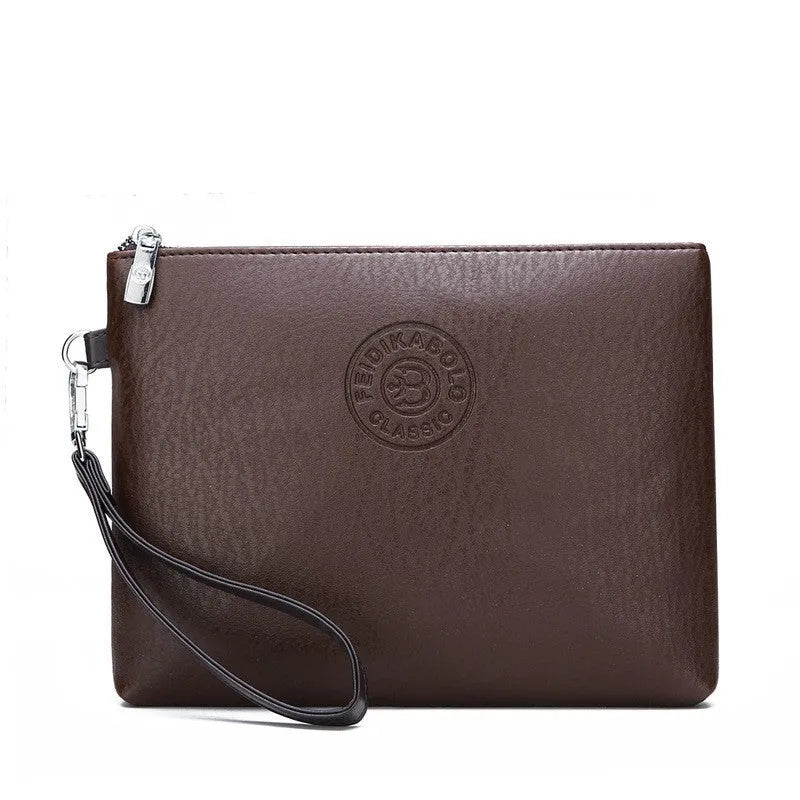 PU leather men's clutch bag horizontal square shape 24cm width zip closure black weave finish