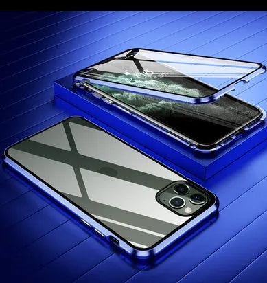 Geometric patterned glass clamshell case for iPhone in multiple colour options on a dark surface.