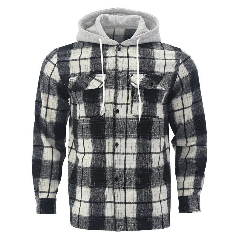 Gray plaid hooded flannel shirt for men, loose casual long sleeve jacquard cardigan, sizes S-XXXL