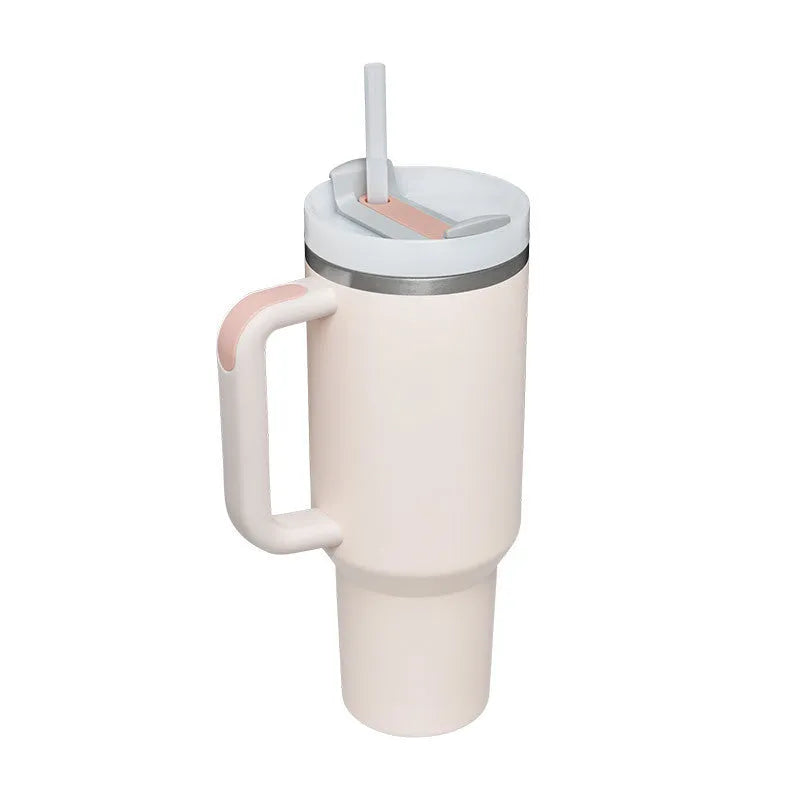 40 oz insulated stainless steel tumbler with handle straw and spill proof lid in a tapered design for car or gym use