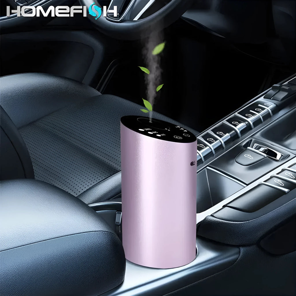 Silver wireless car aroma diffuser with 20ml empty essential oil bottle, aluminium alloy body, D98 x H168mm