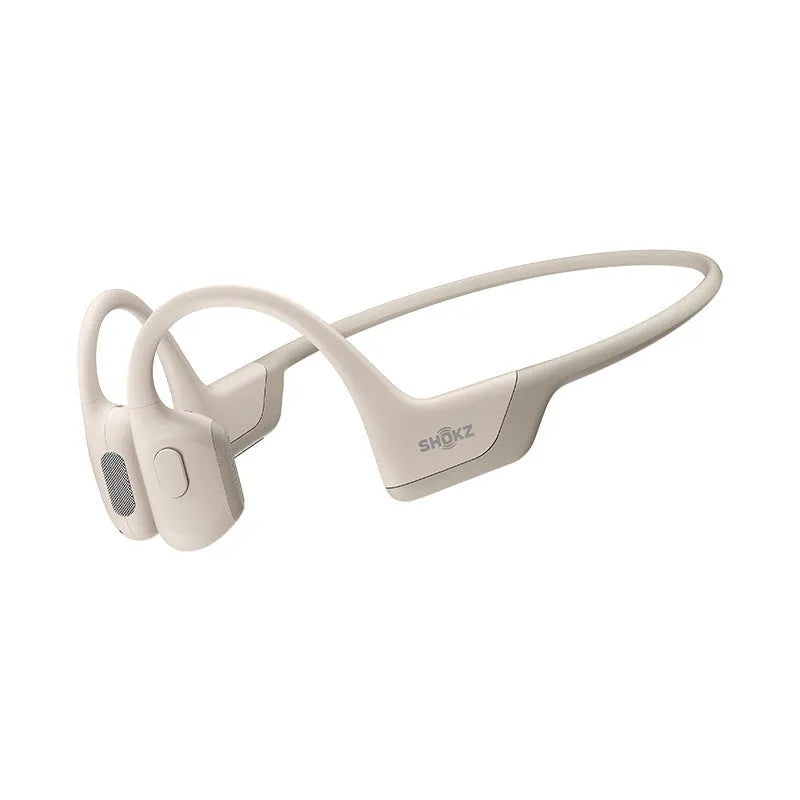 Bone conduction wireless earphones in Knight Black with titanium alloy frame, side view of open-ear design
