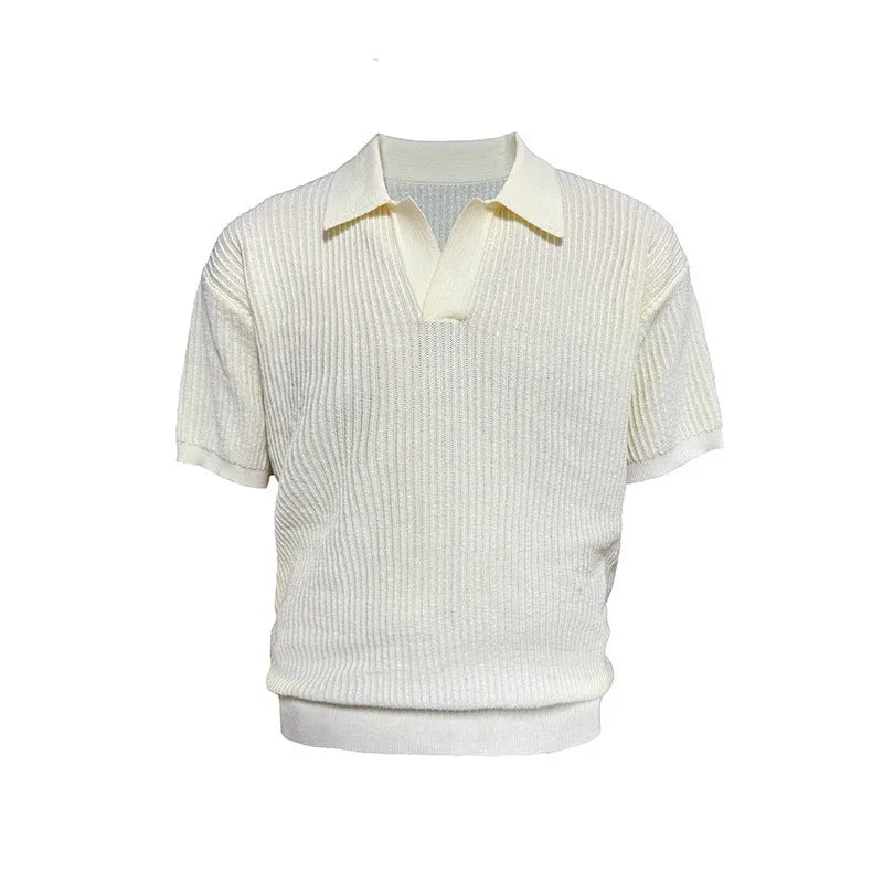 A creamy-white loose-fit polo shirt with a striped collar, made from thin ice silk fabric for summer.