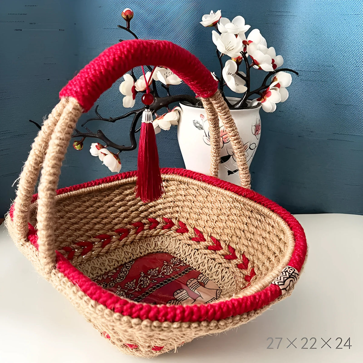 Xi Blue hand-woven straw basket with twine finish, 27x22x24cm, retro national wind style for living room