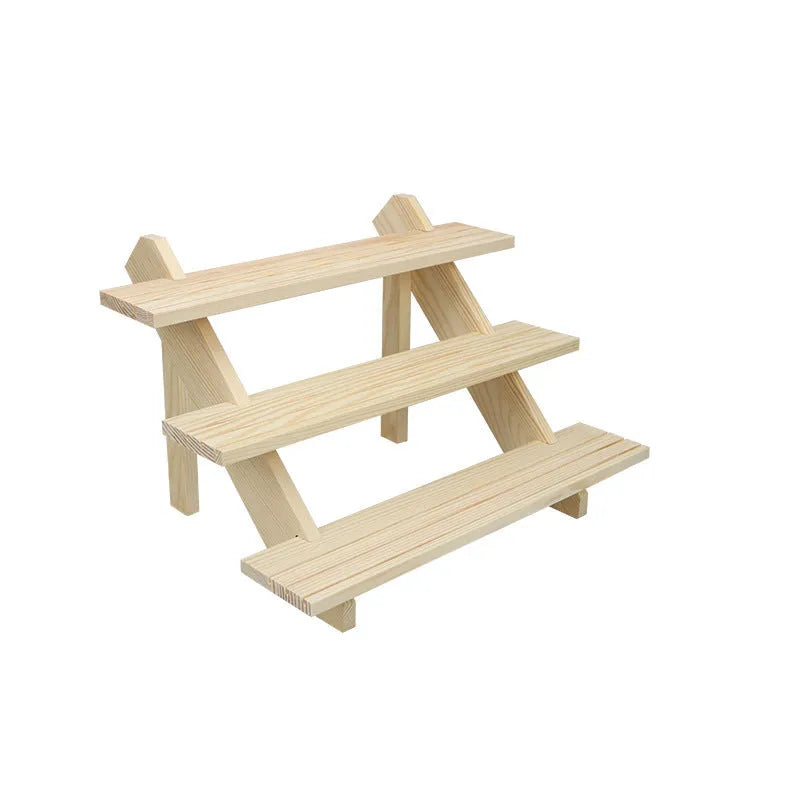 Multi-layer wooden stepped shelf with five tiers in natural wood colour, desk storage unit for books and display