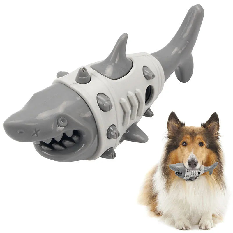 Blue shark-tooth dog chew toy with textured cleaning surfaces and bite-resistant construction