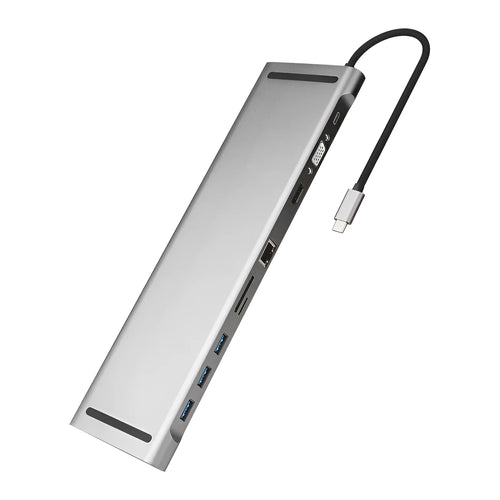 Grey aluminium 10-port docking station with cooling bracket showing HDMI, VGA, USB and Ethernet ports