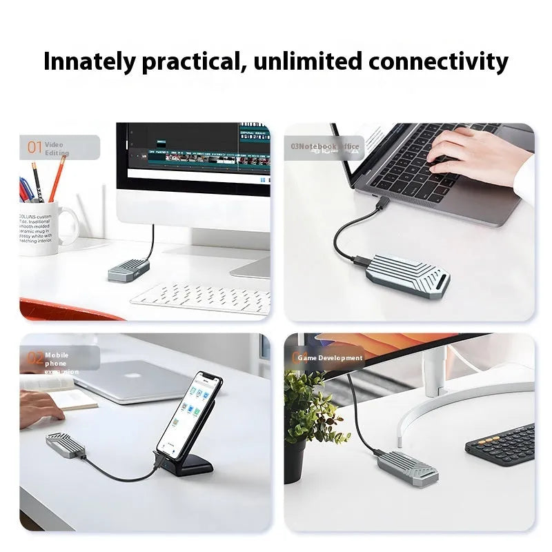 Aluminium external hard drive enclosure for M.2 SSD in silver or grey colour with 40Gbps speed.