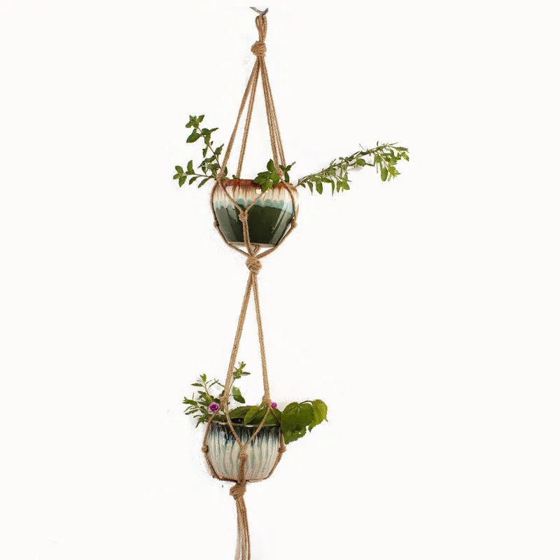 Woven wire plant holder basket with cotton rope wrapping in European village style