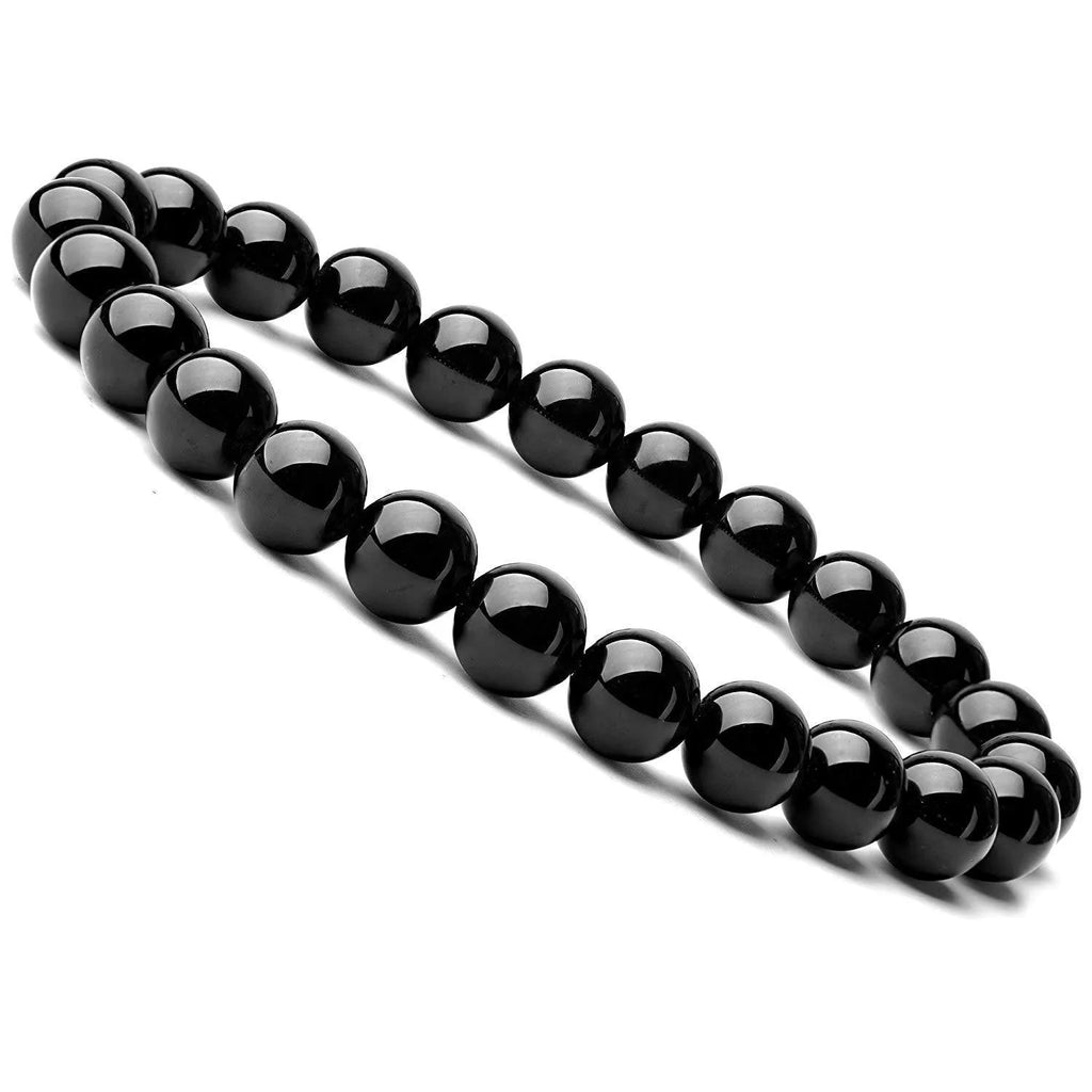 Geometric black onyx bracelet with 8mm agate beads on a black elastic cord.