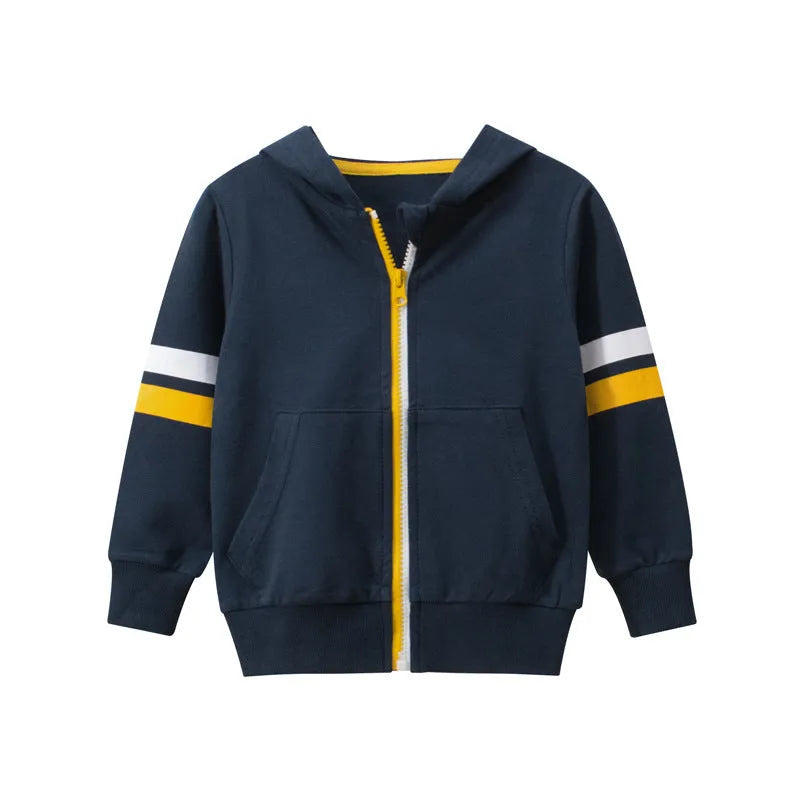 Boys hooded zip-up cotton sweater in grey or navy blue, long sleeve round neck, sizes 90-140cm