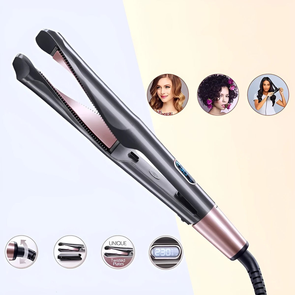 2 In 1 Hair Straightener And Curler Curling Iron For All Hair Types Tourmaline Ceramic Twisted Flat Iron For Hair Styling Metallic Grey UK Plug
