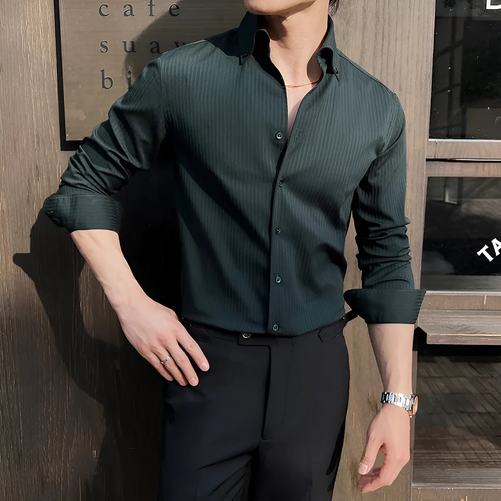 Men's striped V-neck long sleeve casual shirt in polyester blend fabric showing cardigan style