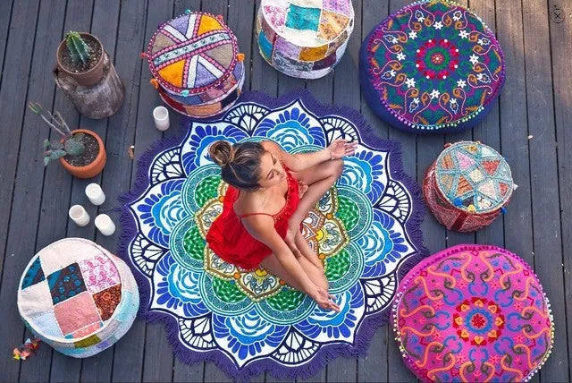 Round tassel edge yoga mat with retro ethnic print, 150cm diameter, available in Blue colour