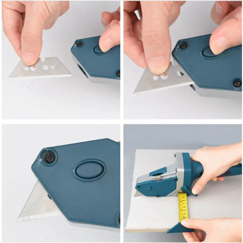 Blue multifunctional woodworking cutter with a one-press lock mechanism and scale for cutting boards.