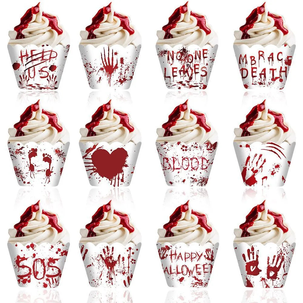 Halloween cake border in red hand design, paper cupcake surrounding border, 12 pack