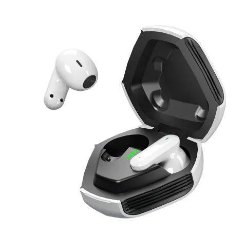White plastic active noise reduction in-ear Bluetooth headset with touch controls and Type-C charging port