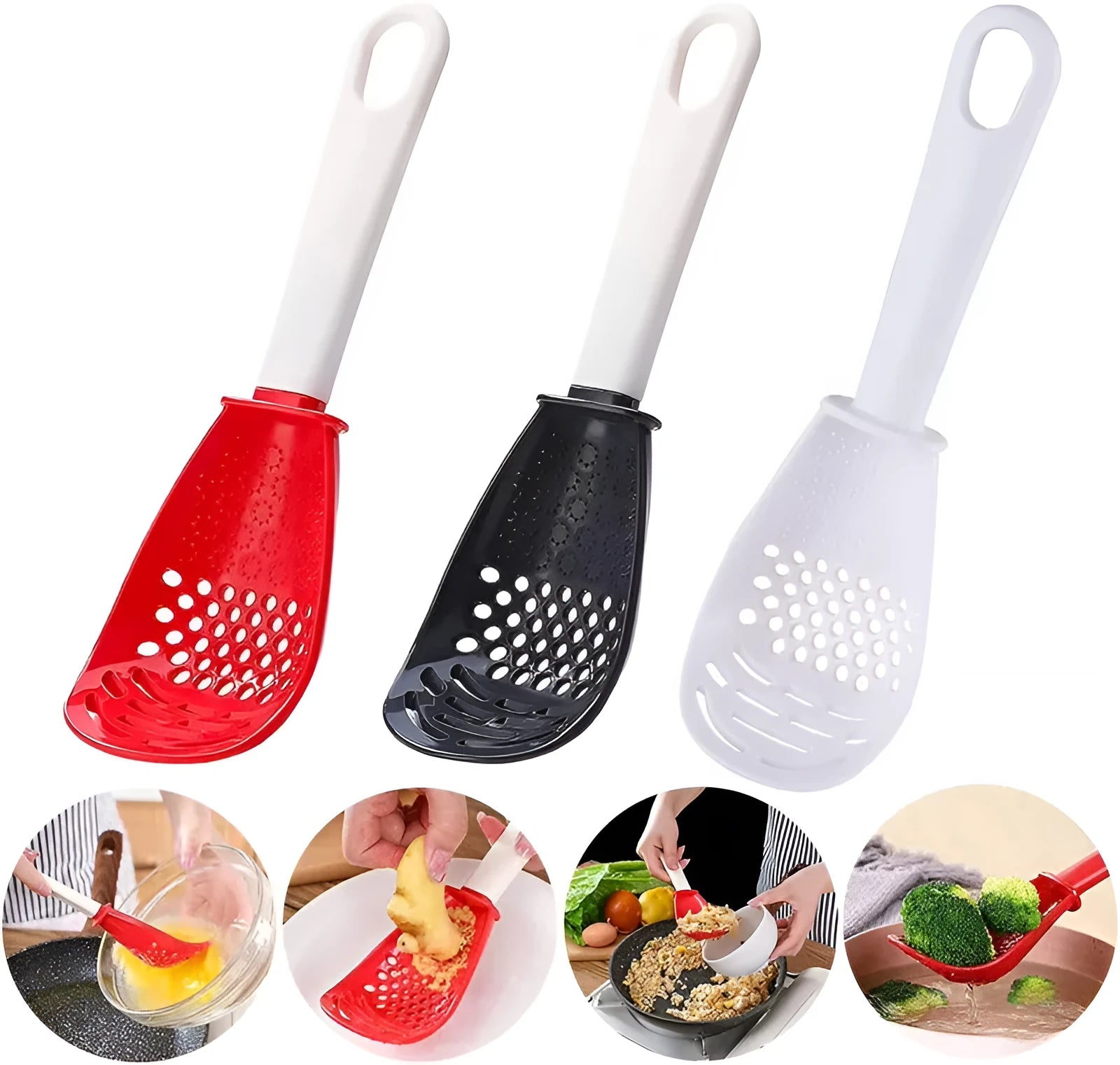 Red and black multifunctional plastic cooking spoon with serrated edges and slotted head on a grey background