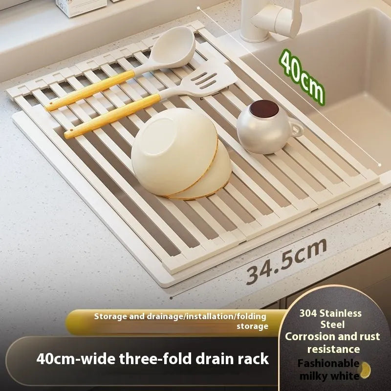 Milky white 304 stainless steel foldable kitchen draining rack over sink