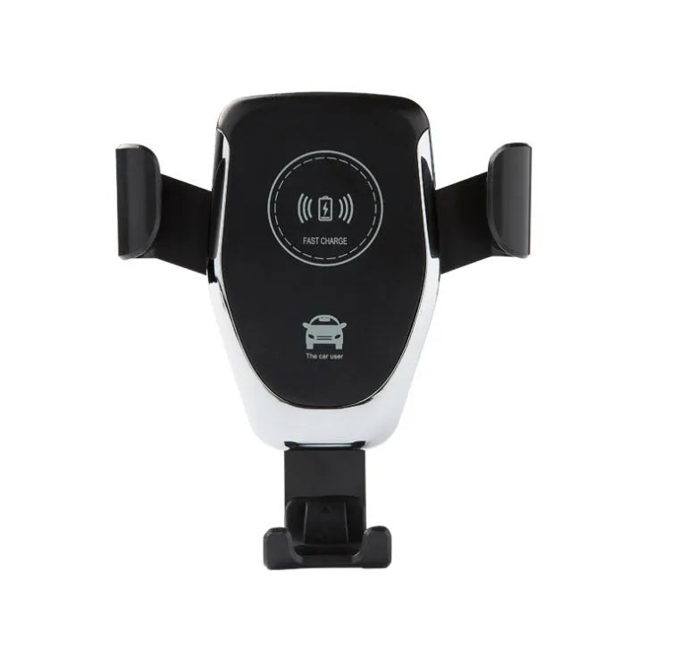 Black car wireless charger mount holding iPhone with automatic clamping arms on car vent