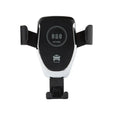 Black car wireless charger mount holding iPhone with automatic clamping arms on car vent