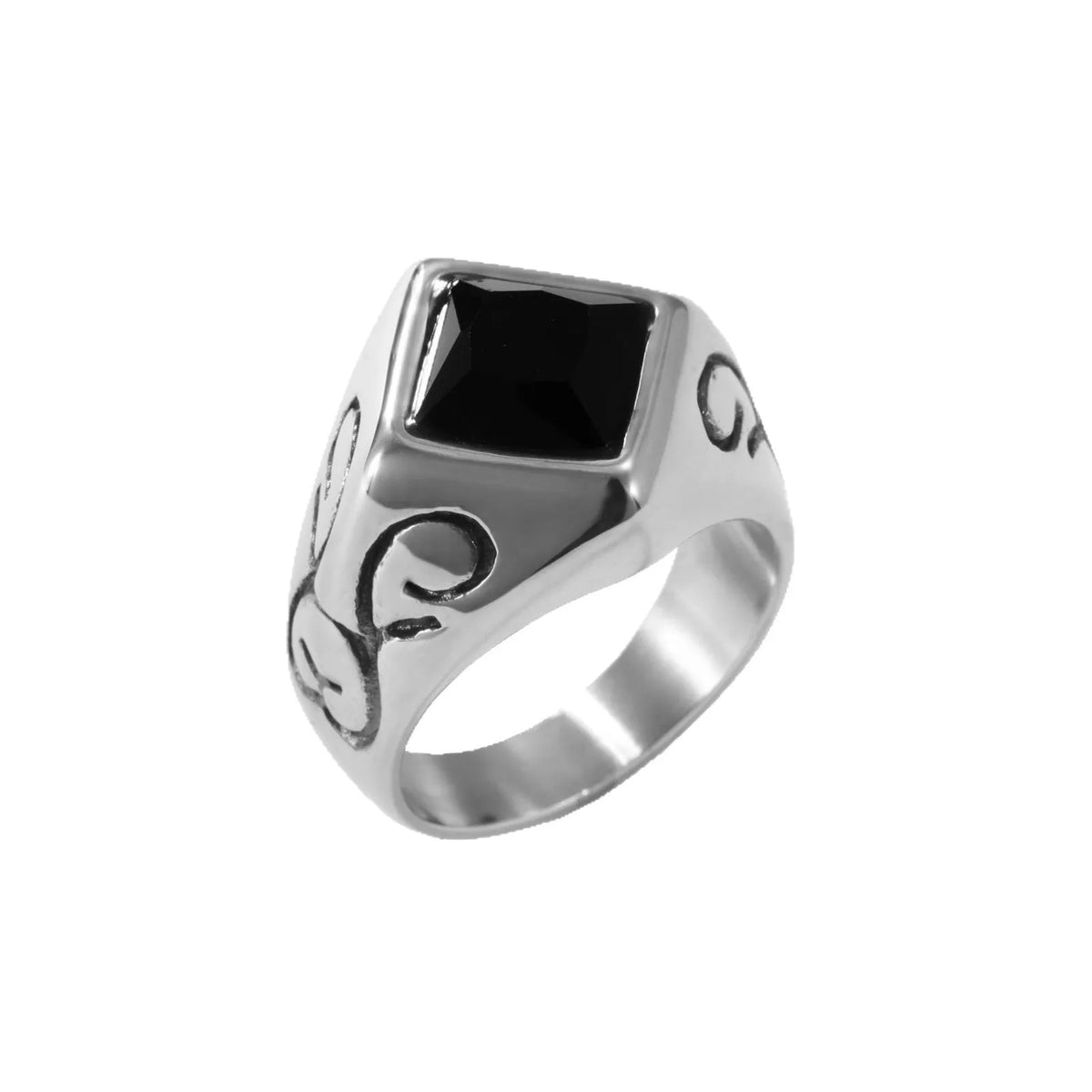 Twisted stainless steel ring with polished finish and retro leaf style, shown in Picture Color