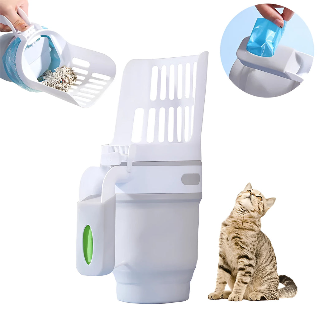 Grey, blue, and green cat litter scoop with attached foldable waste bin and refill bags.