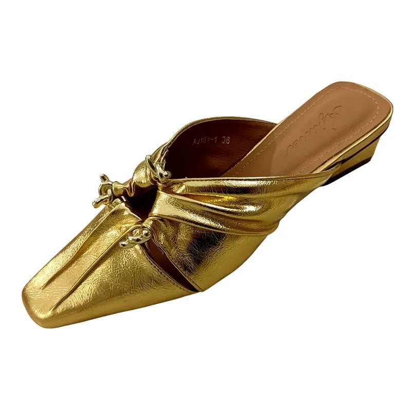 Women's gold genuine leather half toe cap slippers with low heel and square toe on a white background.