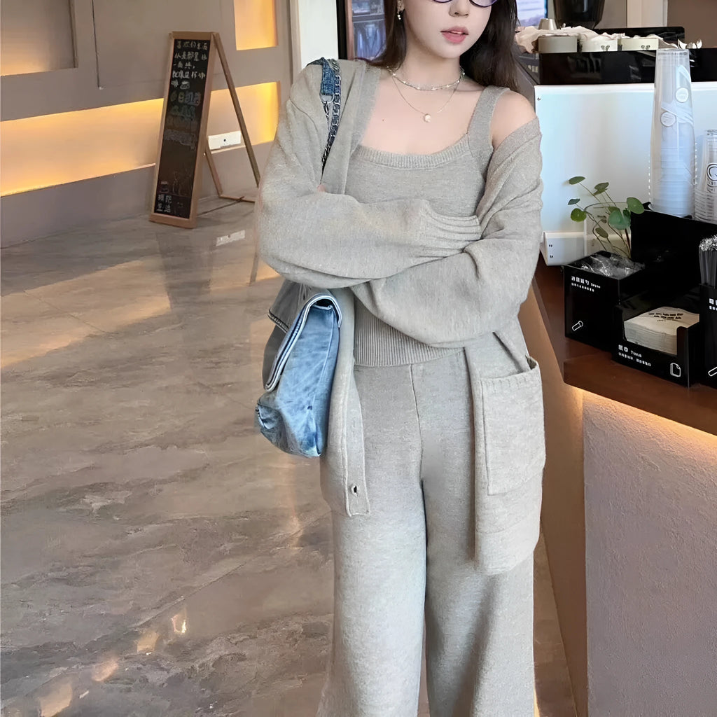 Women's knit cardigan vest suspender pants three-piece set in light brown colour