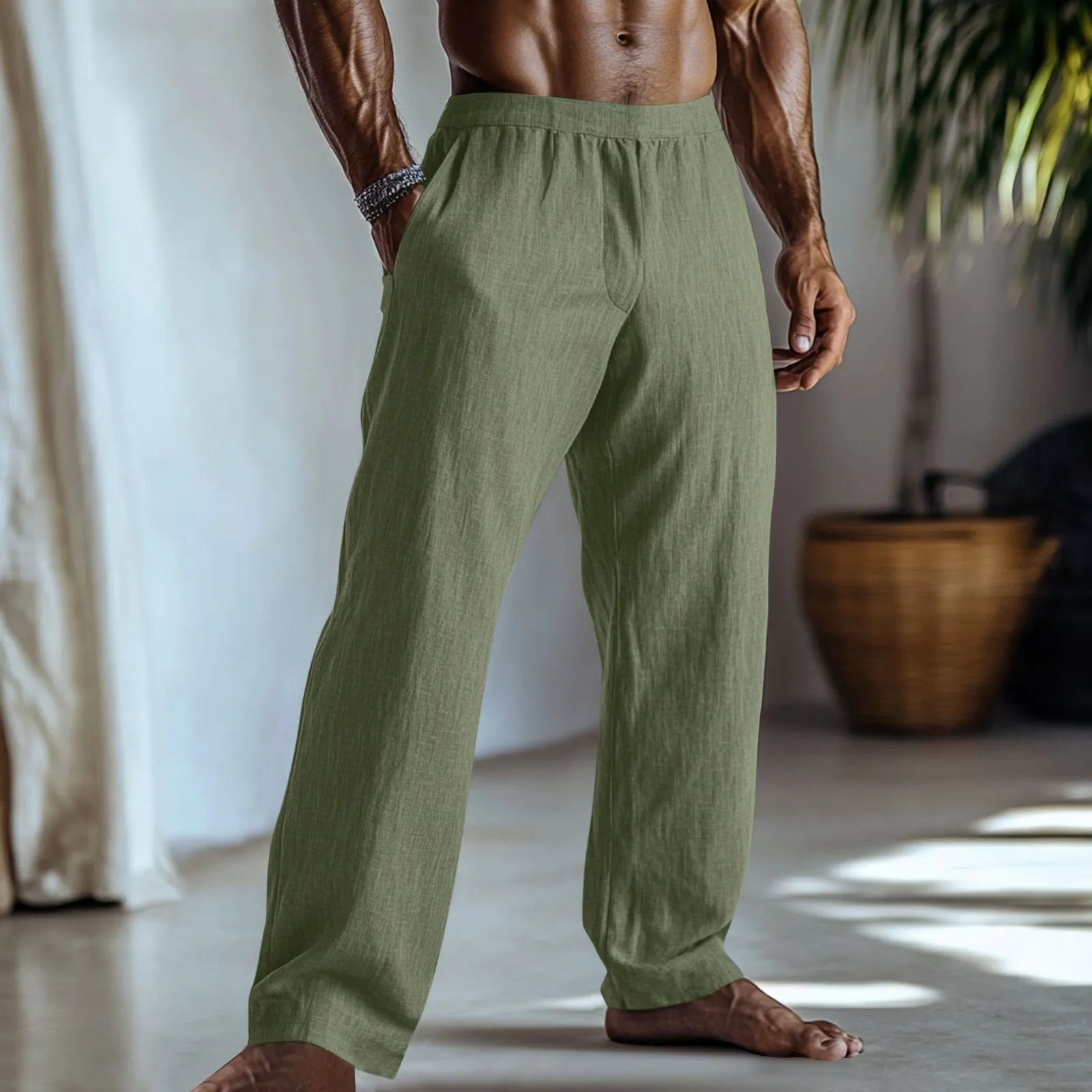 Cotton and linen straight-leg casual trousers in British style with pockets, shown in available colours