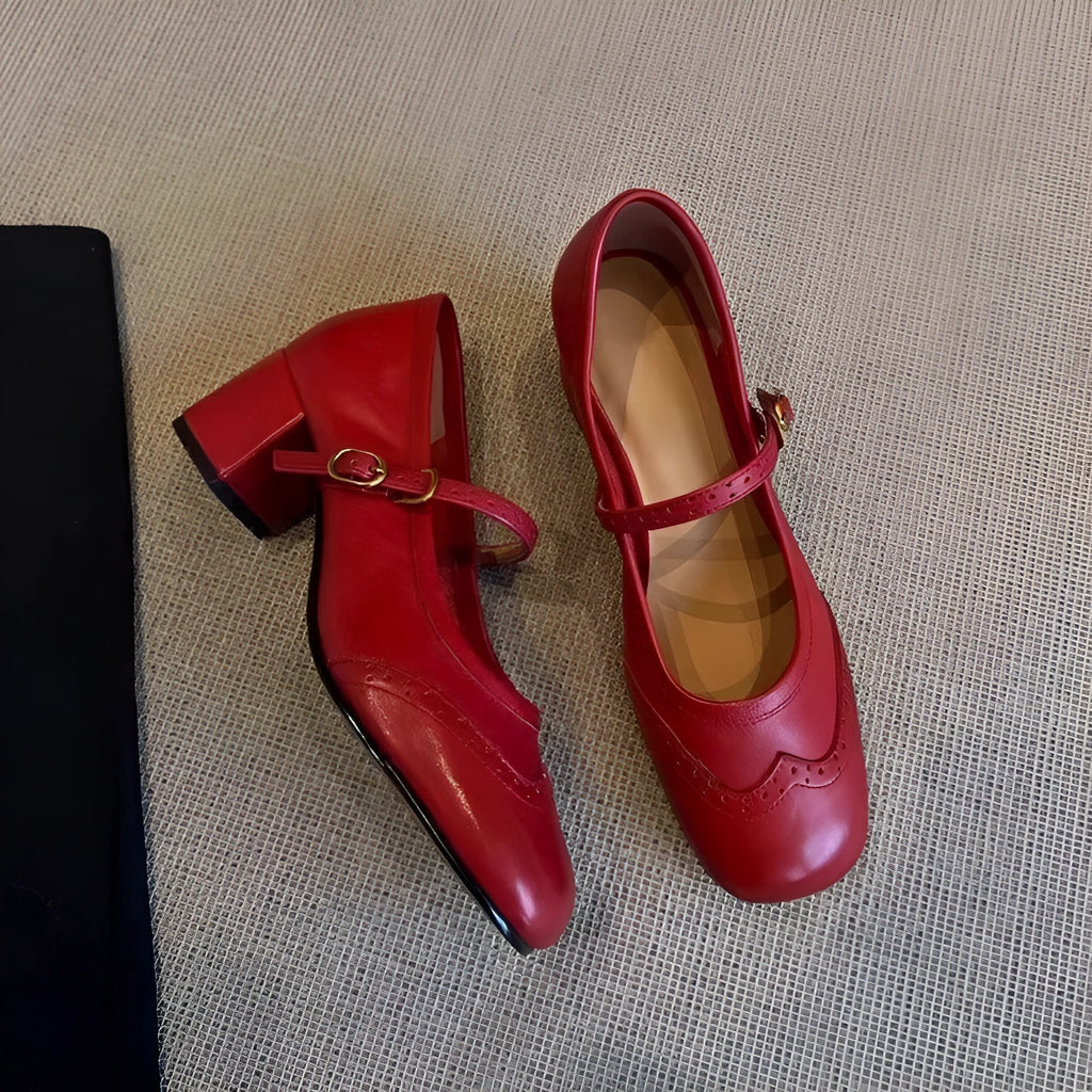 Pair of women's square toe high heel pumps with short stout heel, microfiber upper and rubber sole, in black, red or apricot