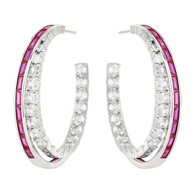 Silver needle geometric ring earrings with zirconia in red corundum or blue spinel, one pair for women