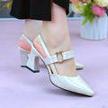 Women's black closed toe leather sandals with chunky heels and backless slip-on design